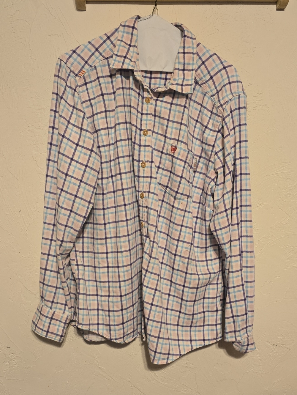 Women's Plaid Button-Up Shirt FR - White with Blue & Pink Plaid.CAT 2. NFPA 2112